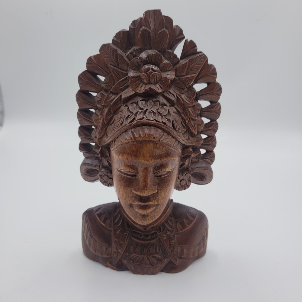 Vintage Hand Carved Balinese Wood Bust Rama Sita Goddess Sculpture 7.75"